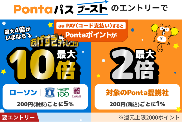 Pontaパスブーストのエントリーでau
PAY(コード支払い)するとPontaポイントが毎日最大4倍還元。